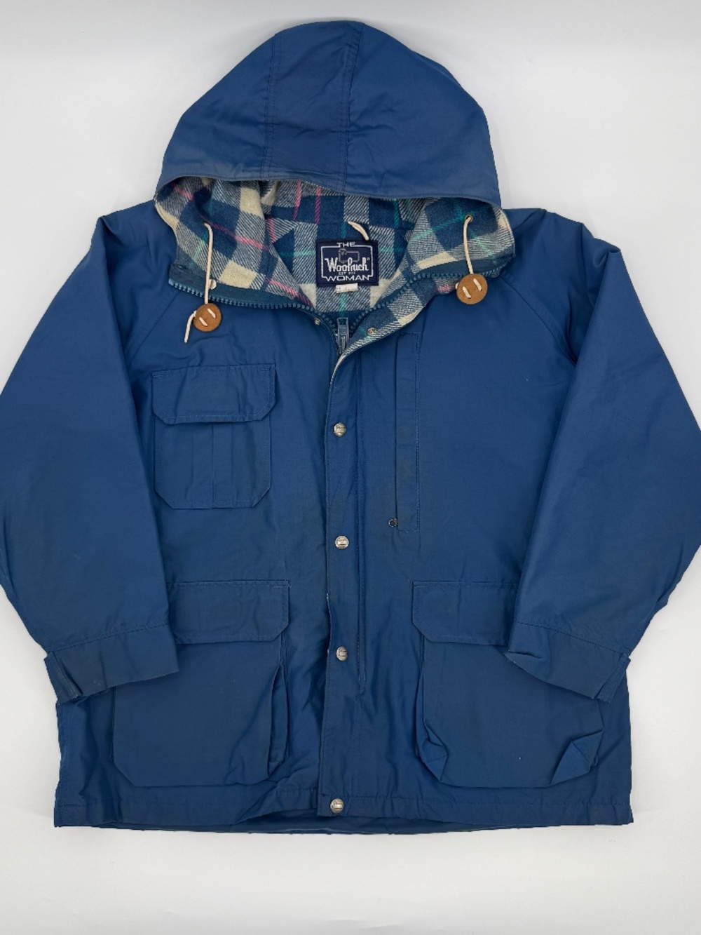 Vintage Woolrich Mountain Parka Jacket Plaid Blue Wool Made in USA Women XL